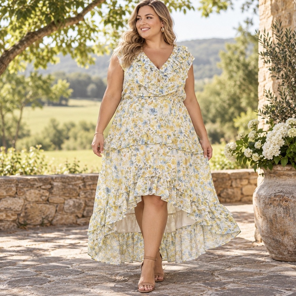 Layered with Love Island Flower Ruffle Eyelet High-Low Maxi Dress 3X Yellow Blue